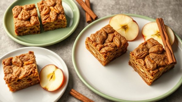 Apple protein spice cake squares with cinnamon and apple slices.