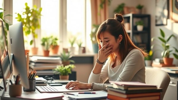 Stressed young woman working in cozy home office with indoor plants.