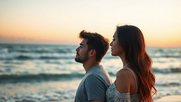 Man and young woman reflecting by the ocean at sunset, navigating grief on Thanksgiving.