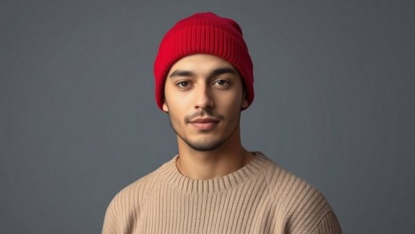 Young man in a red beanie, ideal gifts for husbands.