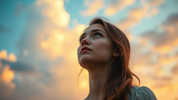 Sagittarius Season Insights: woman gazing upward under dreamy sky.