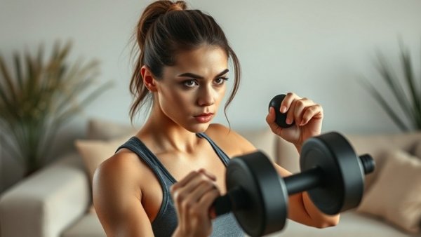 Strength training woman in living room holds weight, focused expression.