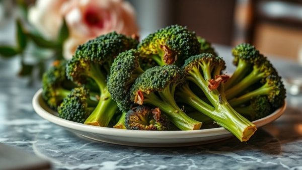 Gourmet roasted broccoli on a plate, perfect for offsetting holiday stress.
