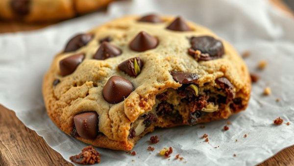 Close-up of chocolate chunk pistachio cookie with bite taken.