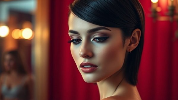 Elegant woman with glamorous makeup against red background, Hailey Bieber birthday makeup.