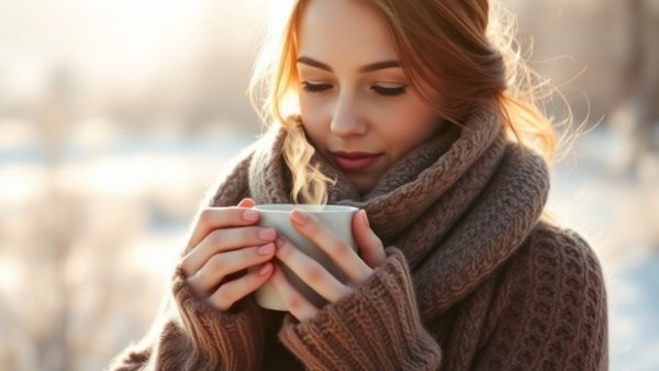 Woman enjoying tea outdoors in winter sun.