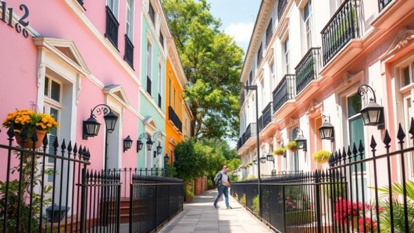 Charming pastel houses with numerology overlay, vibrant street scene