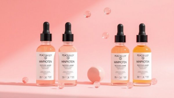 Peach & Lily MiniProtein Exosome Bioactive Ampoule in a stylish display with pink spheres.