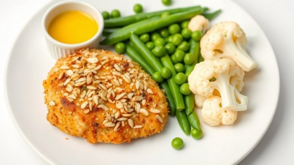 Whole30 meal with almond-crusted chicken, cauliflower, and peas.