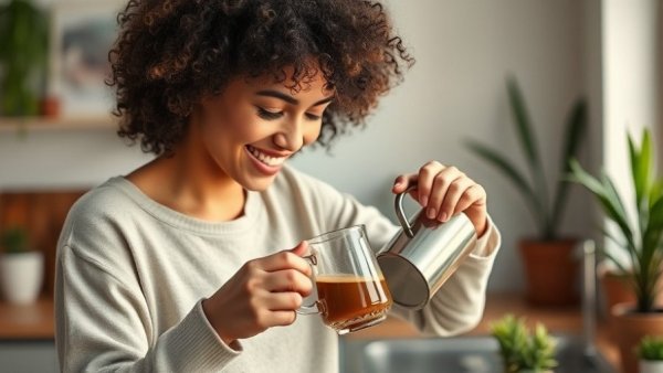 Woman pouring coffee for mood boost in a bright kitchen.