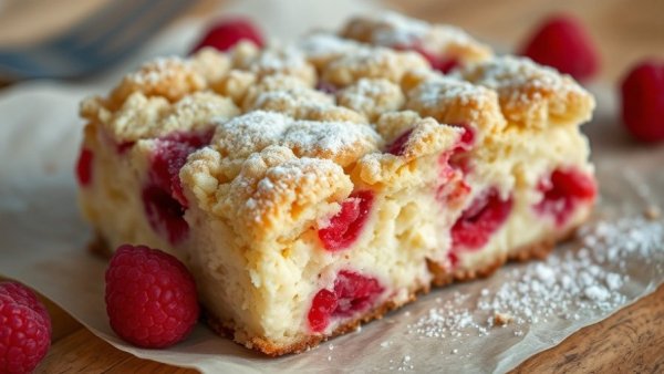 Raspberry Cottage Cheese Breakfast Cake slice close-up with raspberries.