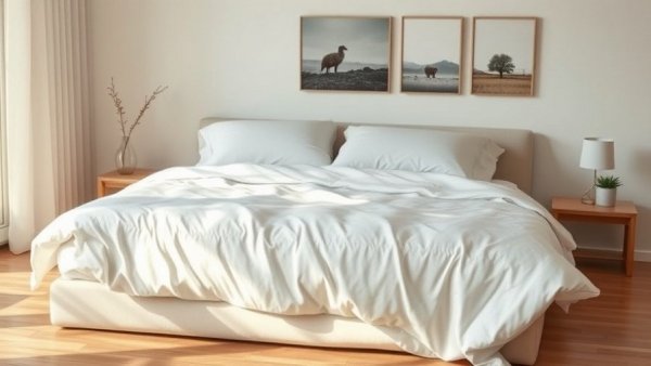 Minimalist bedroom with non-toxic mattress and white bedding, featuring wall art.