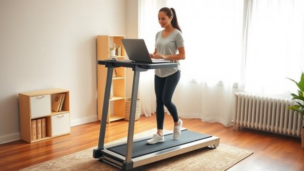 Woman using a walking pad at home for health benefits
