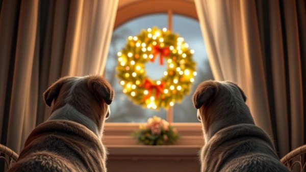 Two dogs gaze out window with holiday wreath, surviving holiday grief.