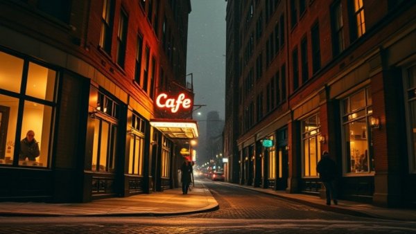 Snowy street with cozy cafe sign for weekend activities.