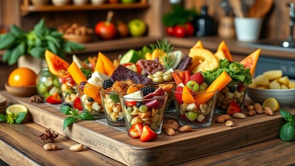 Vibrant healthy charcuterie cups with fruits and nuts on a wooden table.