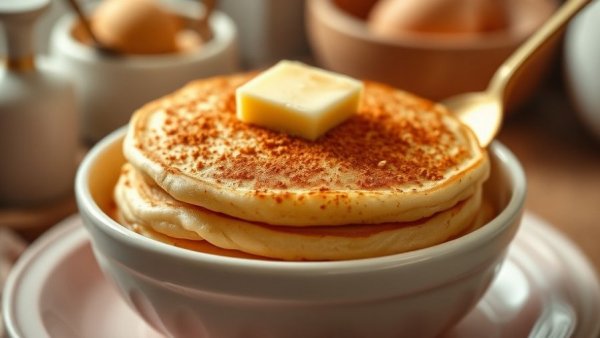 Warm eggnog protein pancake bowl with cinnamon and butter.