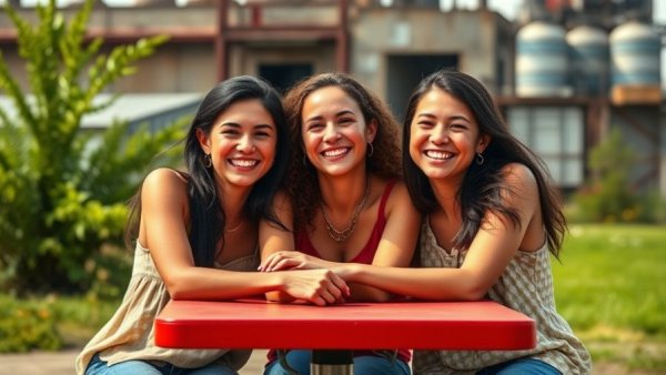 Three friends smiling and embracing at a picnic table, outdoor setting.