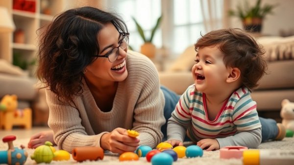 Joyful mother and child in a moment of playful laughter, showcasing constant self-improvement and parenting.
