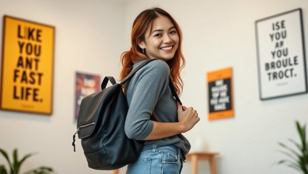 Woman with lululemon diaper bag smiling indoors.