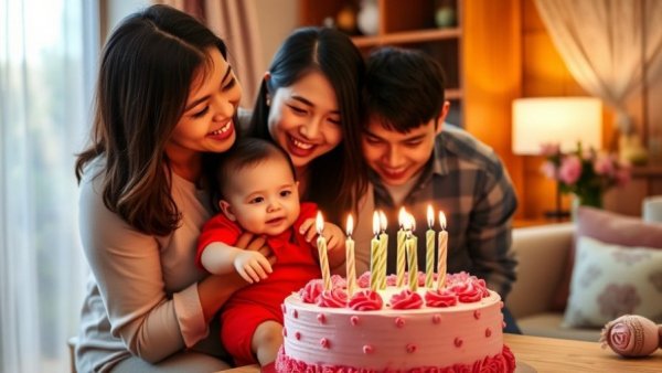 Joyful family celebration with cake in cozy home setting.