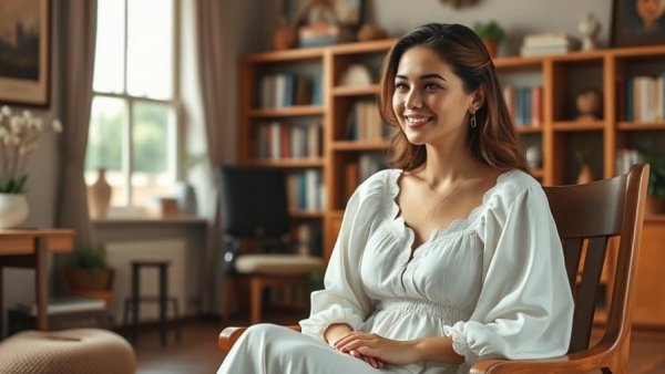 Nikki DeLoach relaxing in a white dress, cozy living room setting.