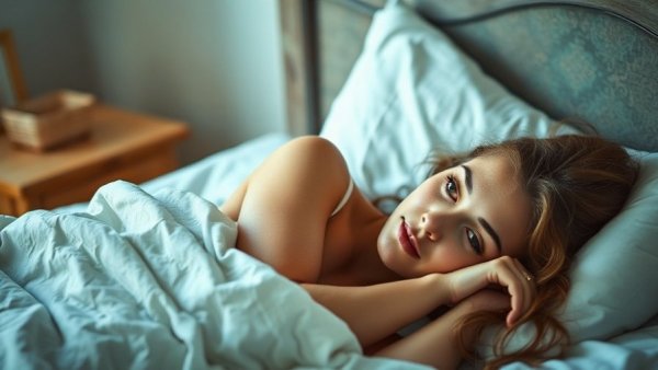 Young woman looking thoughtful in bed, relating to sleep deprivation brain aging.