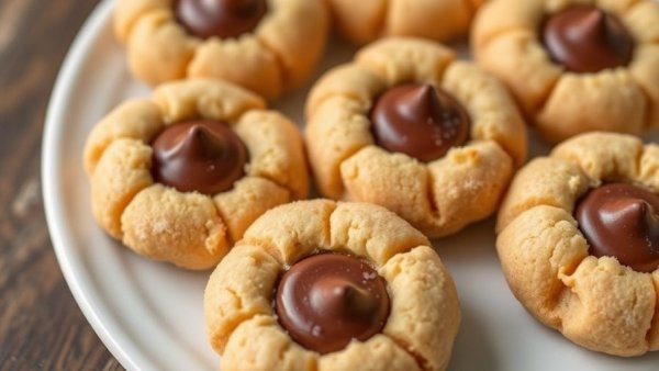 Flourless Peanut Butter Blossoms close-up with chocolate centers.