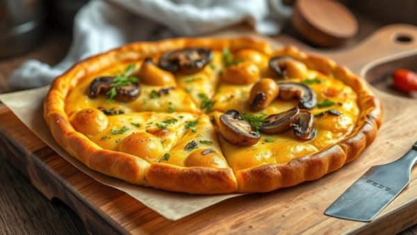 Winter Vegetarian Mushroom Tart Recipe on wooden board with green towel.