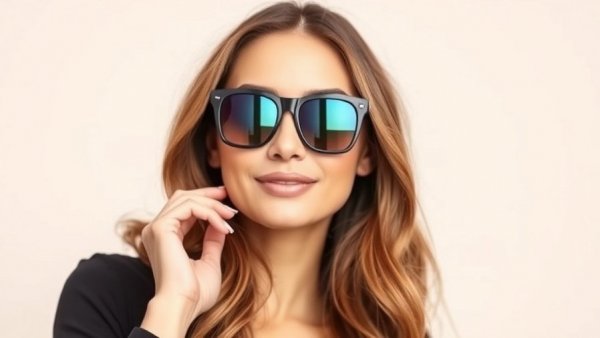 Woman in reflective sunglasses showcasing frosted pink blush trend.
