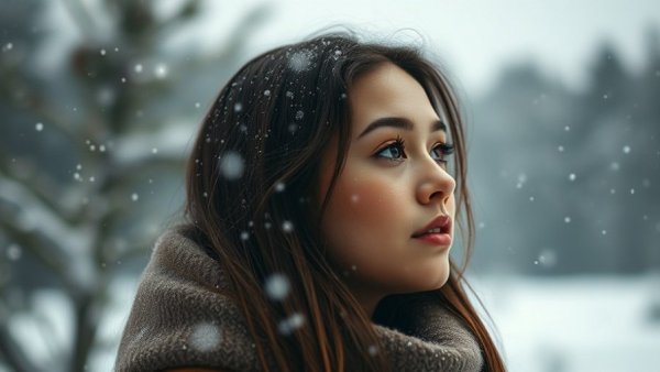 Neptune Direct in Pisces: Young woman contemplating in snow.
