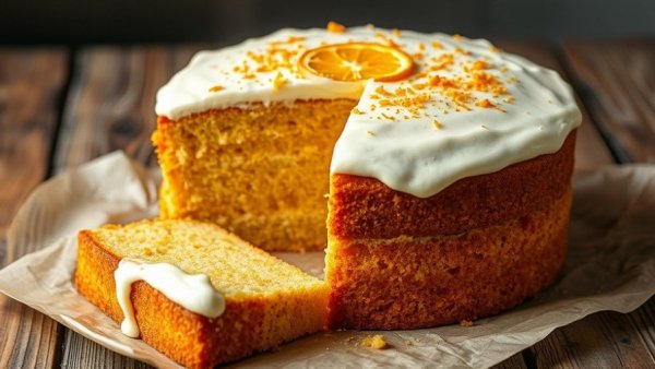 Whole orange cake recipe with creamy frosting and orange zest.