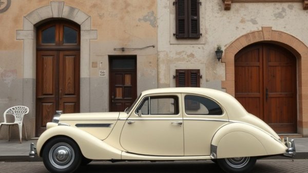 Vintage car parked outside weathered European building