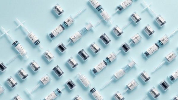 Retatrutide weight loss injection syringes and vials arranged on pastel background.