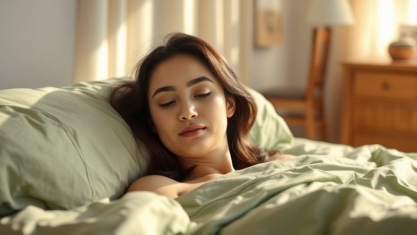 GABA for sleep, woman sleeping peacefully, green sheets, sunlit room.