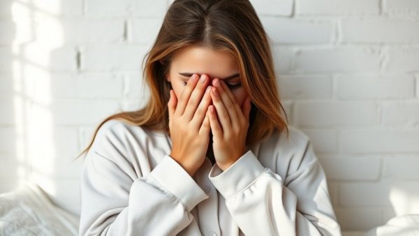 Woman in pajamas feeling tired, reliant on melatonin, on bed.