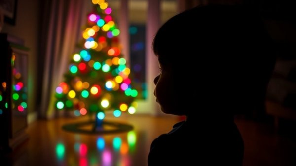 Child silhouetted by colorful Christmas lights contemplating tree.