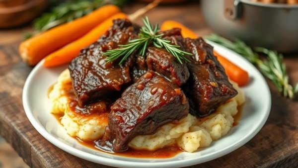 Braised short ribs recipe with carrots and mashed potatoes.