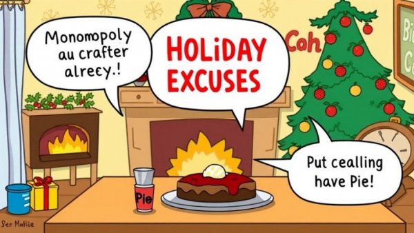 Cartoon illustrating humorous holiday excuses: Monopoly allergy, checking pie, slime, headache medicine.