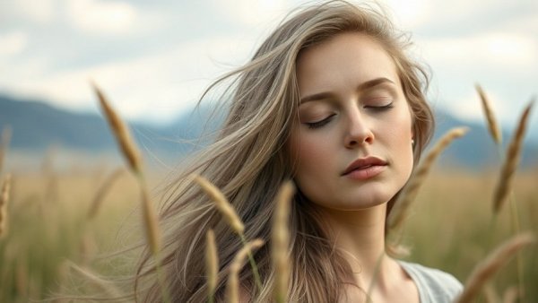 Woman with Cloud Dancer hair color in tranquil field scene
