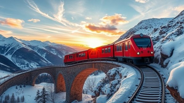 Red train crossing snowy mountain bridge at sunset.