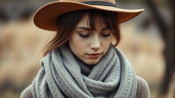 Peaceful young woman in hat and scarf during Christmas week.
