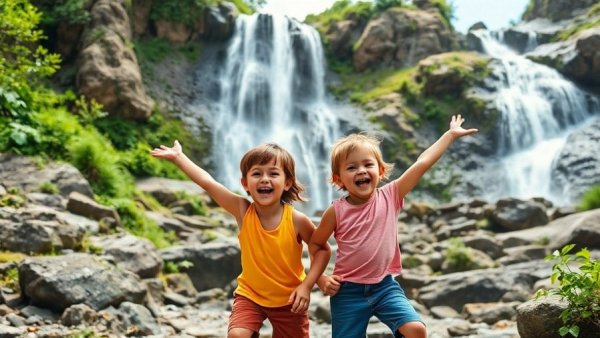 Two children near a waterfall, family travel tips.