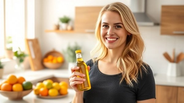 Woman with non-alcoholic drink smiling in kitchen, 2026 trend.