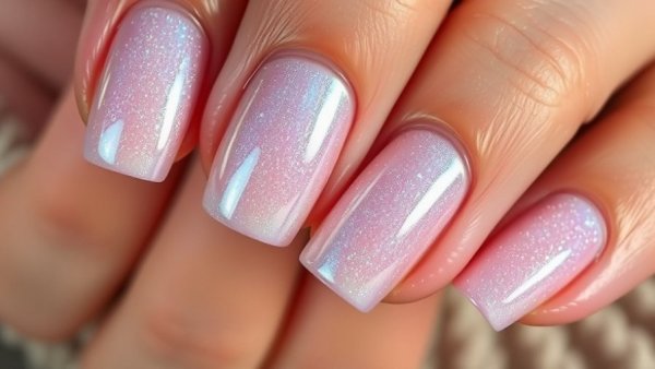 Hands with shimmering ice aurora nails close-up.