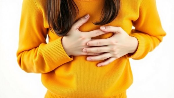 Person in yellow sweater clutching stomach, implying travel constipation.