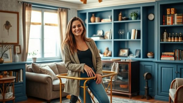 Casually stylish woman in living room, family holiday reflections