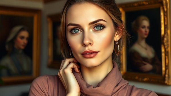 Close-up of woman showcasing blush draping technique indoors.