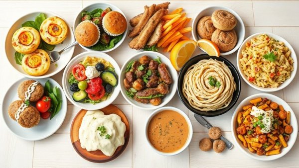 A collage of vibrant high-protein dishes including salads, muffins, and pasta.