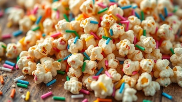Colorful birthday cake cookie dough popcorn with vibrant sprinkles.